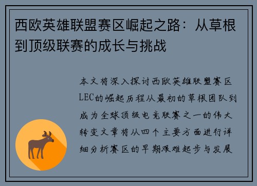 西欧英雄联盟赛区崛起之路：从草根到顶级联赛的成长与挑战